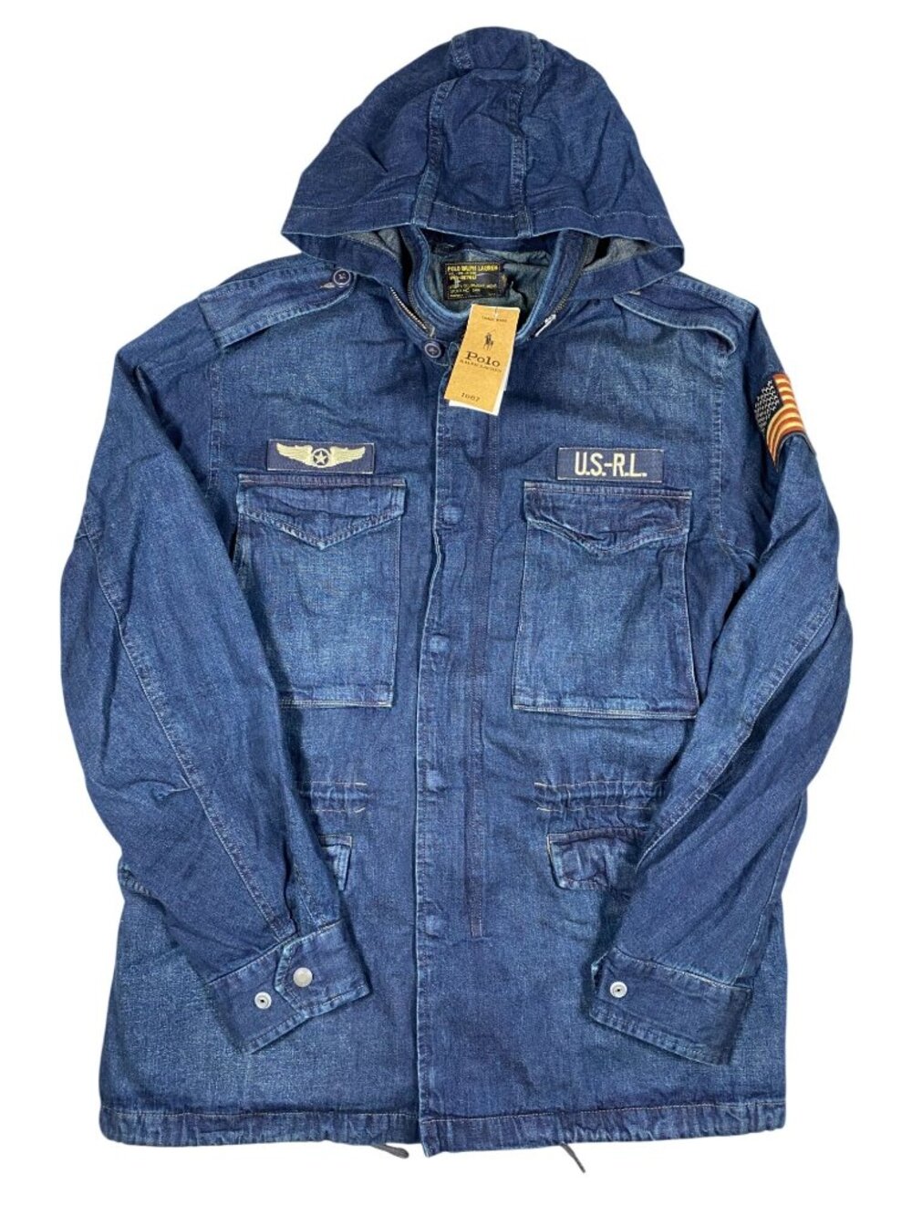 Polo Ralph Lauren Denim Hooded Military Utility Jacket Men’s M US-RL Patch NEW